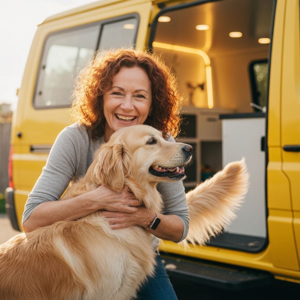 Happy dog owner with groomed dog